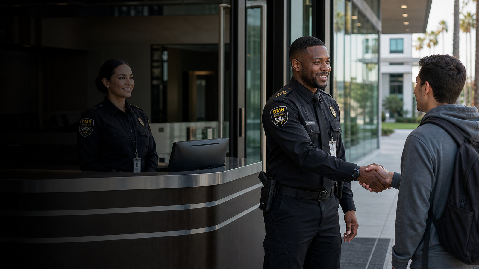 DMB security officers greeting a visitor at a modern property entrance