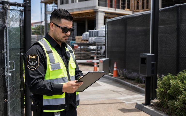 DMB security officer checking a construction site gate