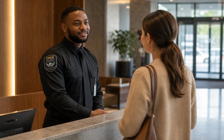 DMB security ambassador assisting a visitor