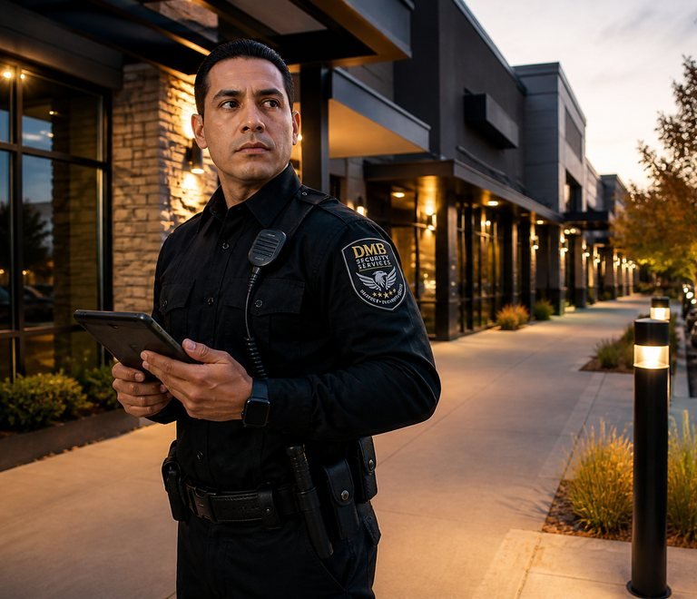 DMB security officer monitoring a commercial shopping center exterior