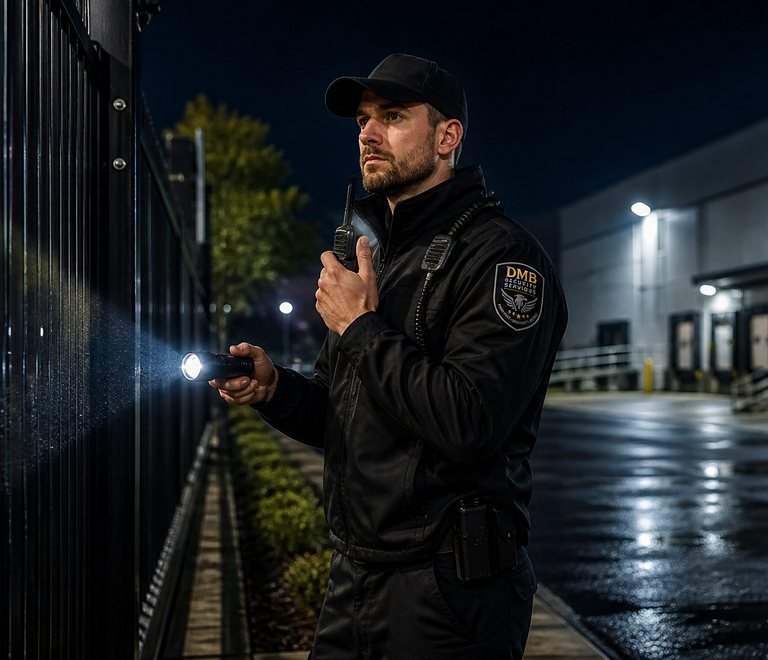 DMB security officer checking an after-hours commercial property perimeter